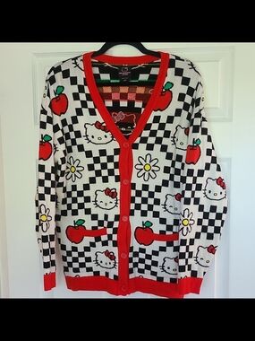 Hello Kitty Black & White Checker Cardigan with Red Trim and Apple Motif